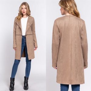 New Lightweight Taupe Faux Suede Long Jacket with Zipper Details